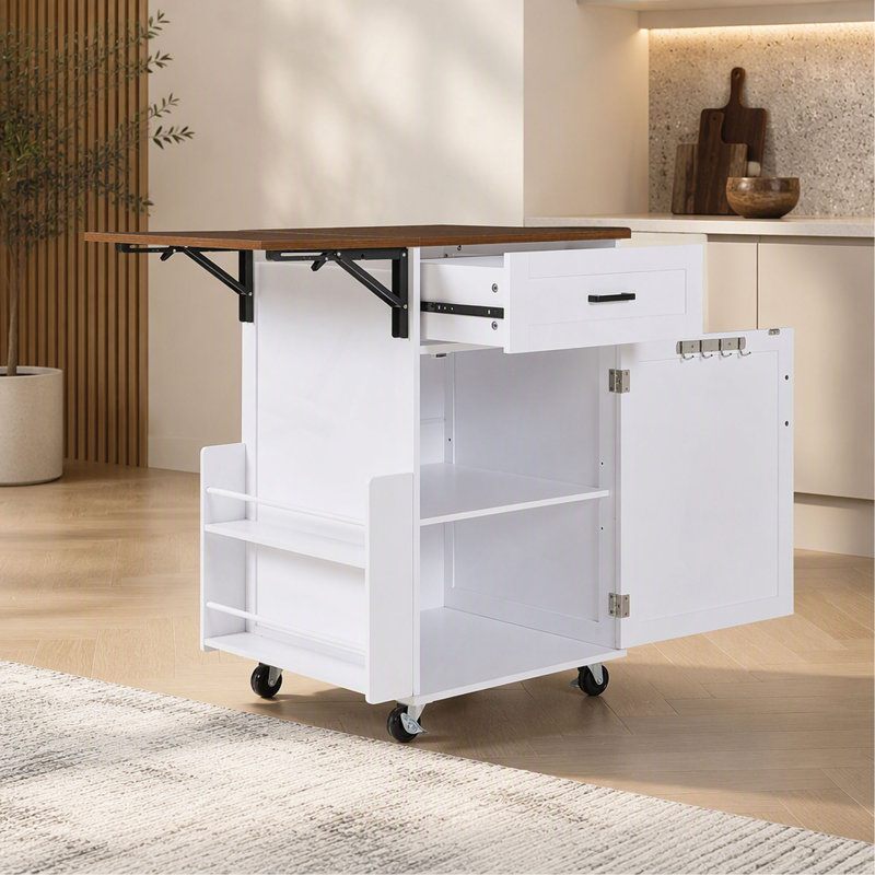 Îlot de cuisine K&K de style ferme de 100 cm avec abattant, îlot de rangement avec tablette latérale ouverte, tiroir, porte-serviettes, chariot de cuisine roulant avec roues verrouillables pour pelouse et jardin.