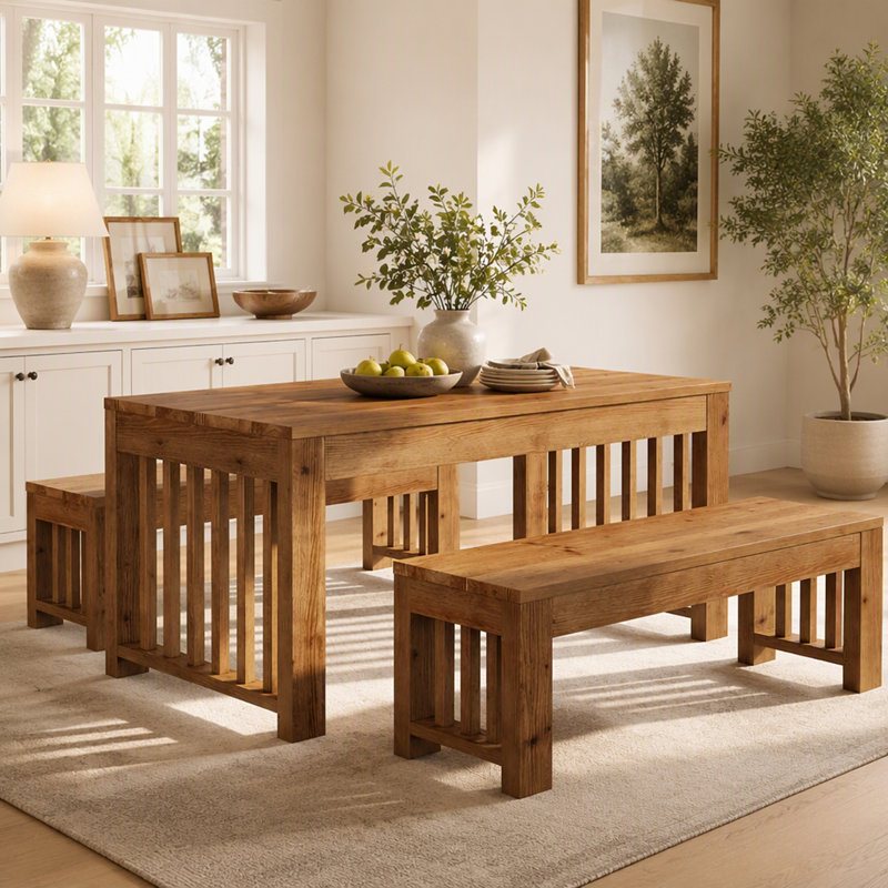 Ensemble de table de salle à manger rectangulaire 55 po, table de cuisine en bois massif et banc pour 4 personnes