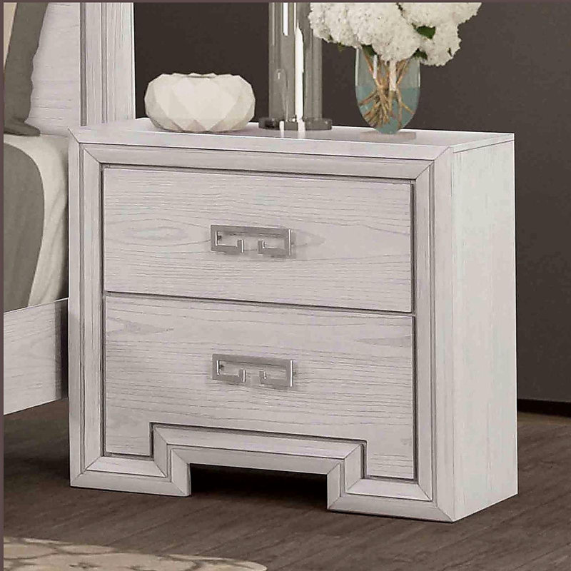 1 table de chevet port USB avec poignées en métal et tiroirs à queue d'aronde française et anglaise finition blanc rustique