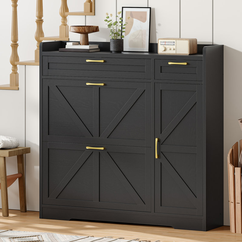 Armoire de rangement pour chaussures 20 paires avec 2 tiroirs rabattables et tablettes réglables, Noir
