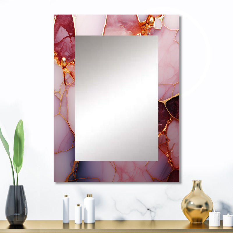 Or et marbre rose Essence II - miroir décoratif en marbre, miroir mural moderne, impression d'art en métal, 32 po x 24 po