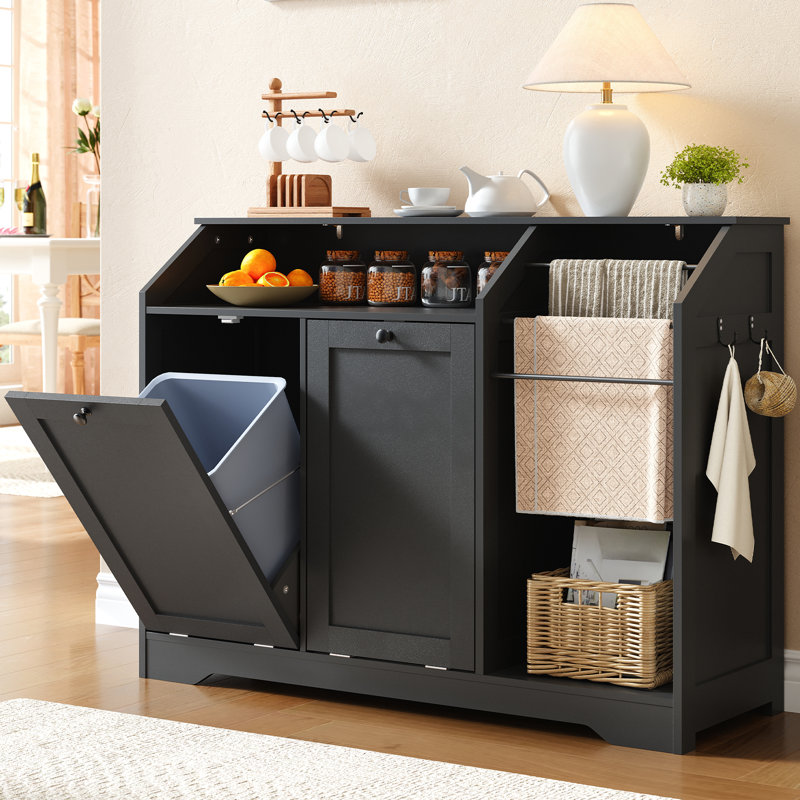 Double Tilt-Out Laundry Hamper Cabinet Hidden Laundry Hamper with 3 Towel Racks and 2x8.7 Gallon Baskets, Large capacity trash can