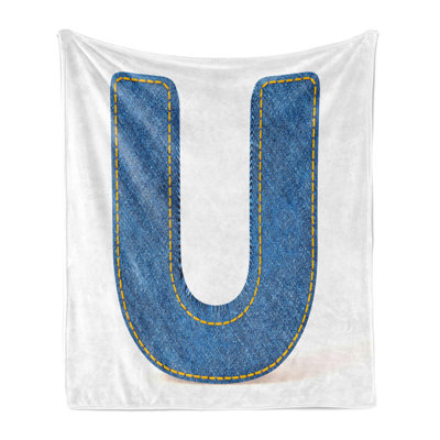 Ambesonne Letter U Fleece Throw Blanket Denim Letter Alphabet Art Yellow and Blue