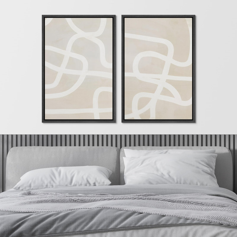 «Mid-Century», beige, géométrique blanc, anneau en spirale, coups de peinture, formes, art moderne, décoration murale, 2 pièces