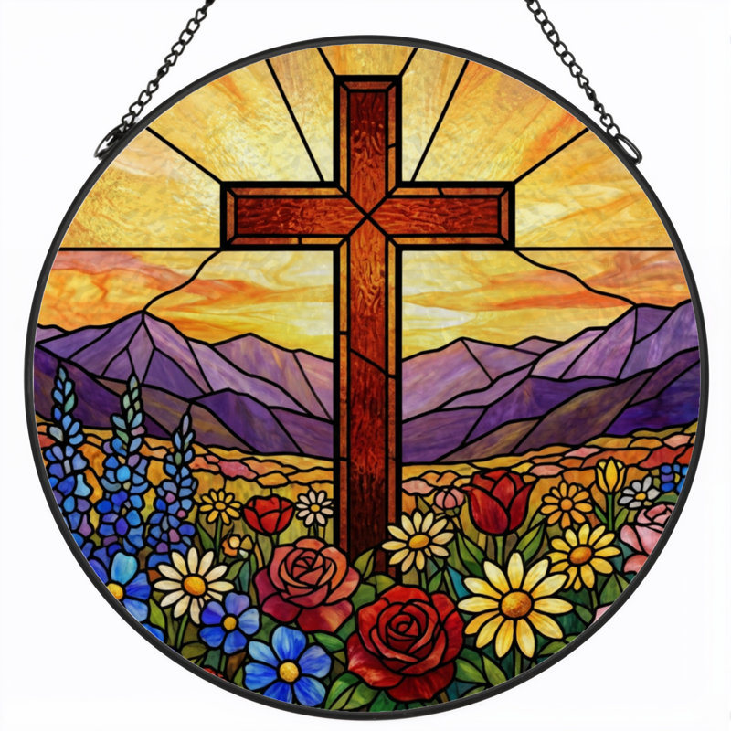 7.8"H Cross Landscape Stained Glass Window Panel, 7.8" H x 7.8" W
