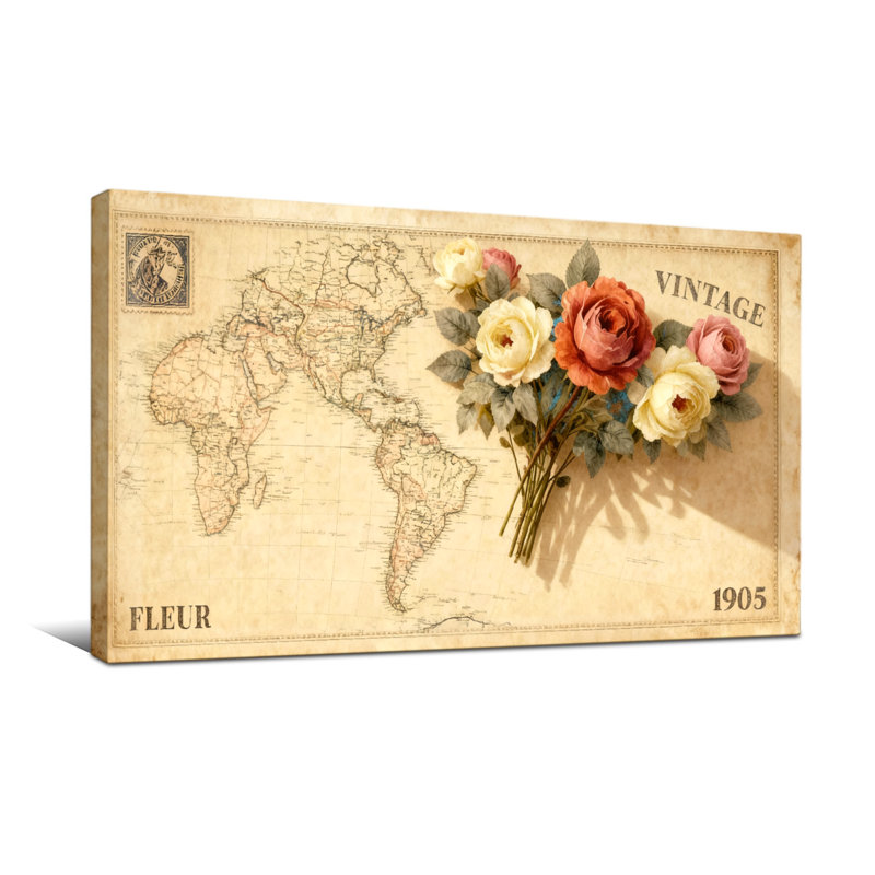Plantes et fleurs, carte du monde rétro avec roses et texte, H 16 po x l 32 po