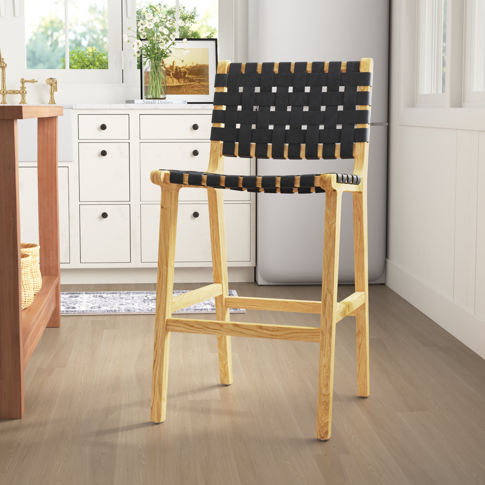 Alston Leather Stool, Counter Stool (27.16" Seat Height), Black Leather/Natural Frame