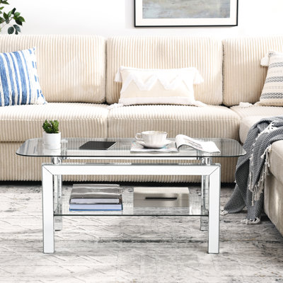 Rectangular Tempered Glass Table With Mirrored Legs And 2 Storage For Room Coffee Trendsetting Design