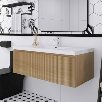 Natural Oak Wall-Mounted Bathroom Vanity With Stone Resin Countertop And Soft Close Drawers