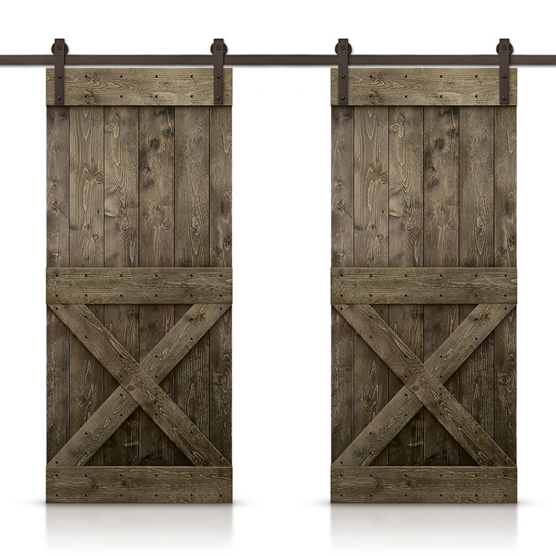 Porte de grange à panneaux et en bois avec quincaillerie d'installation, 92 po x 84 po, Brun