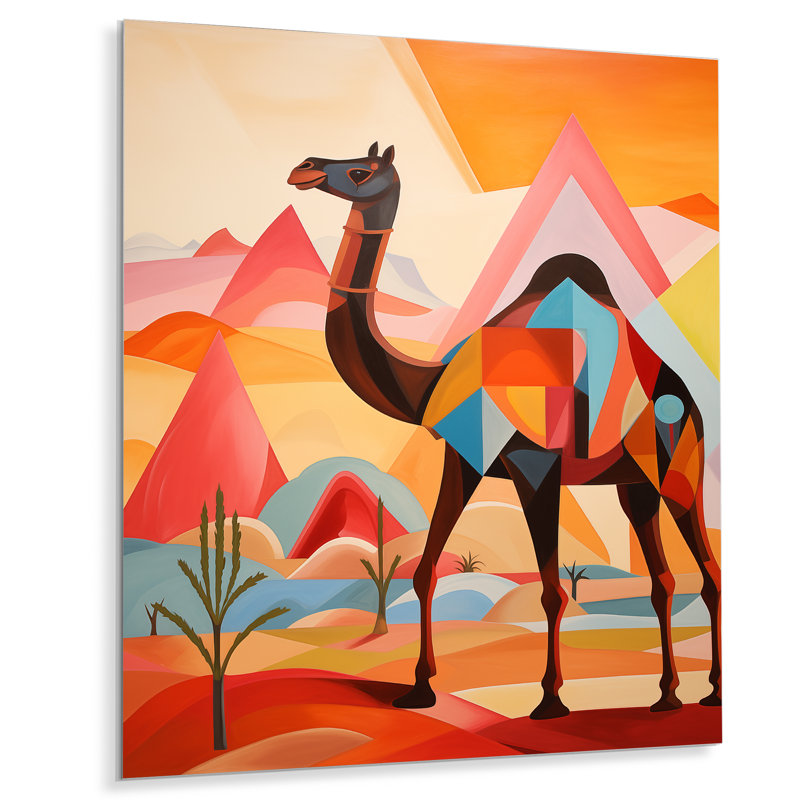 Chameau dans un paysage de désert du Sahara coloré I - décoration murale animal chameau, H 32 po x l 16 po x P 1 po