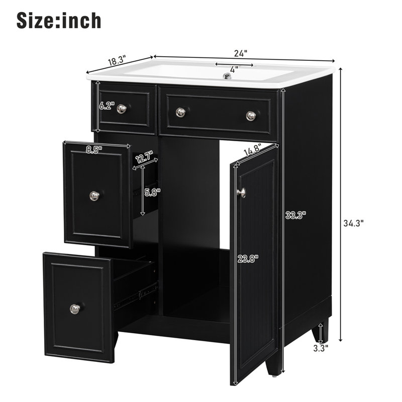24'' Single Bathroom Vanity with Ceramic Top, Black