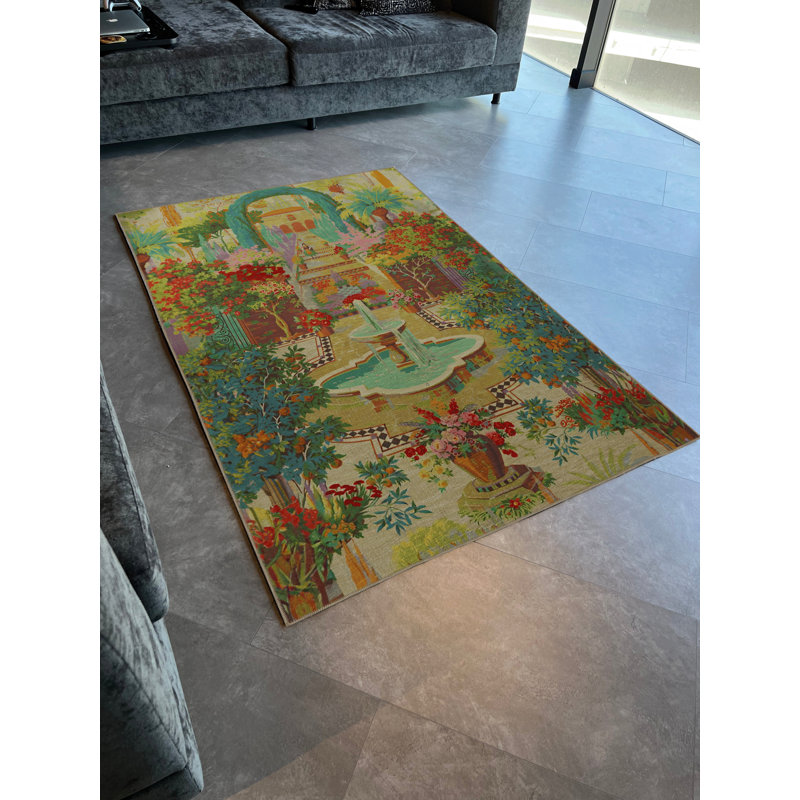Tapis multicolore à motif de fontaine et d'arbre à motif de jardin Sarah, Rectangle 4 pi 11 po x 7 pi 7 po