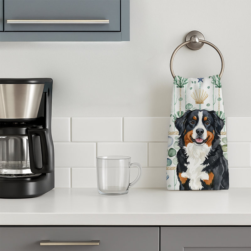 Bernese Mountain Dog Coastal Sea Glass Kitchen Towel, Bernese Mountain Dog