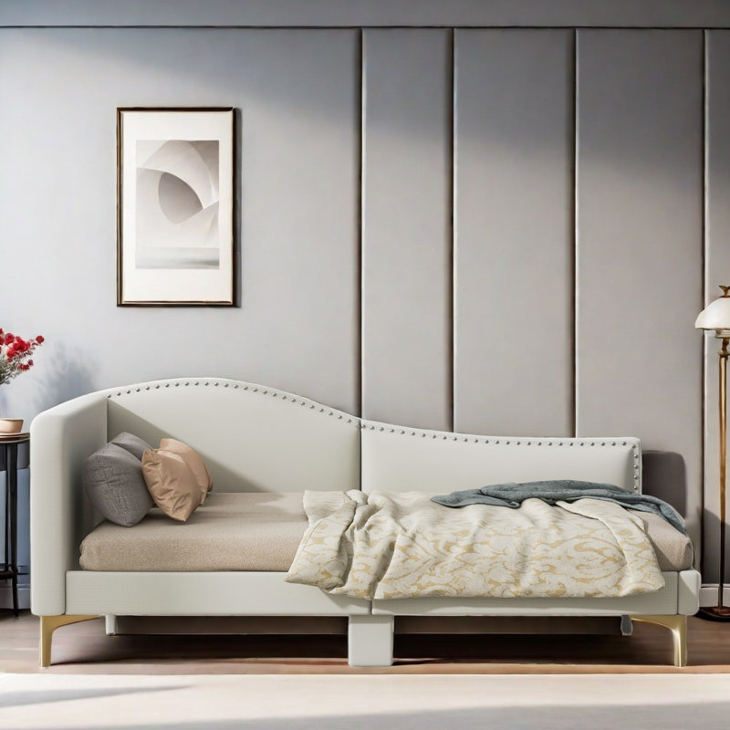 Lit de jour rembourré avec tête de lit et accoudoirs, Beige, Double