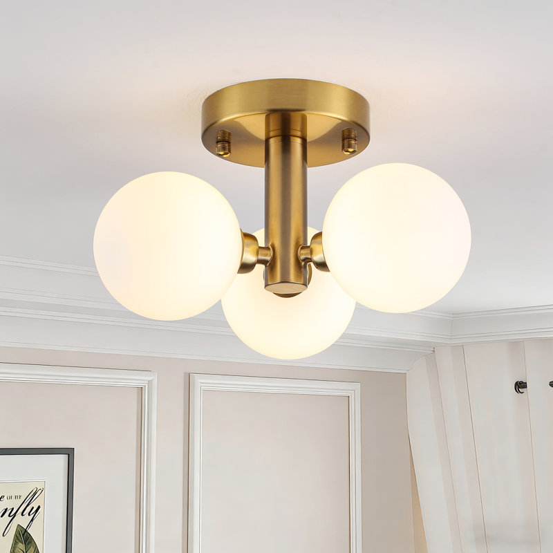3-Light Glass Semi Flush Mount, Brushed Gold