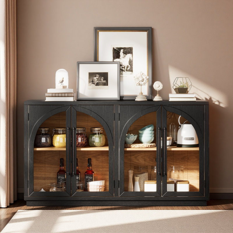 Buffet 4 portes avec rangement et portes vitrées, armoire arquée avec tablettes réglables pour la cuisine, la salle à manger et le salon