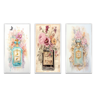Vintage Floral Perfume Wall Art, 3-Piece Set - Vintage Floral Pastel Perfume Bottle