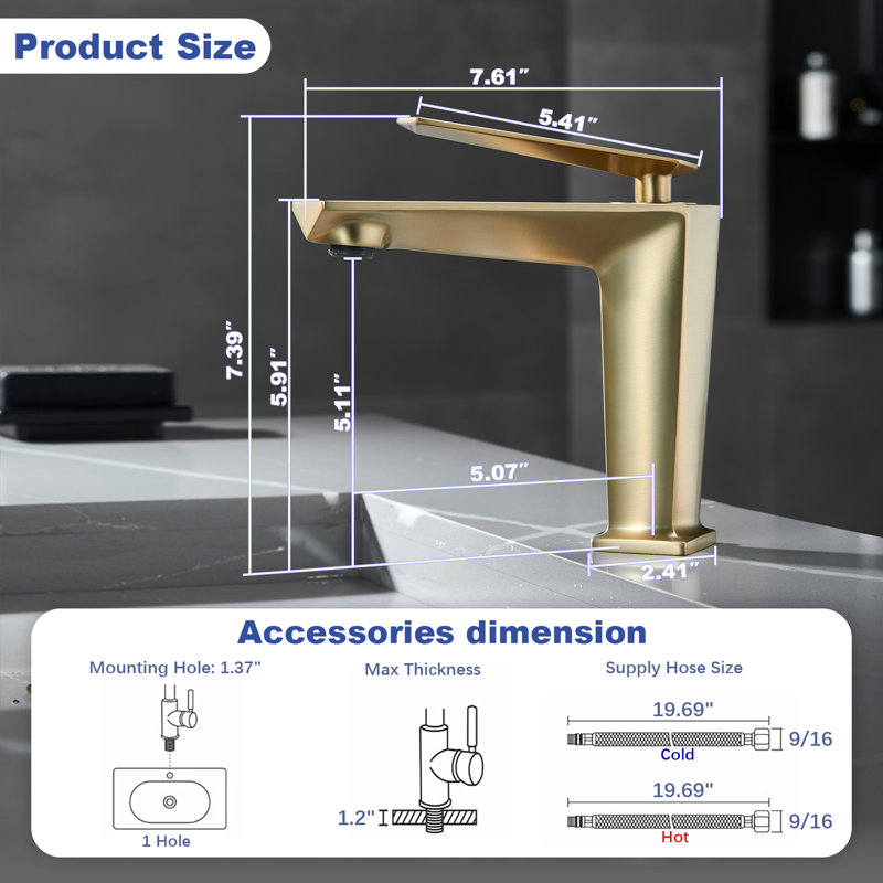Single Handle Sink Faucet Single Hole Bathroom Faucet With Deckplate, Brushed Gold
