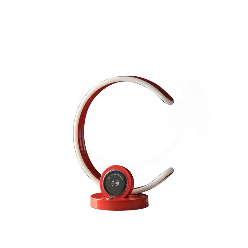 Lampe de table rouge vif de 13,25 po en forme de C avec port USB / sans fil et gradateur tactile, Rouge