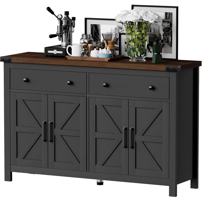 55" Sideboard Buffet Cabinet with Storage, Coffee Bar Cabinet with 2 Drawers and 4 Barn Doors, Black/Brown