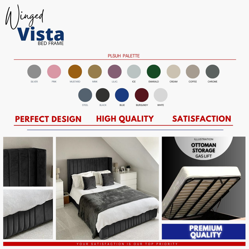 Vista Wingback Ottoman Storage Bed - Plush Velvet Gas Lift Bed Frame with Headboard, Super King (6'), Black