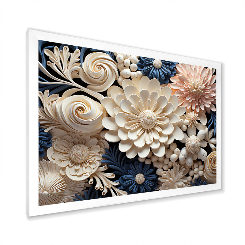 Collage de fleurs de corail blanc et bleu sur toile, Cadre de coin blanc fermé, H 16 po x l 32 po x P 1 po