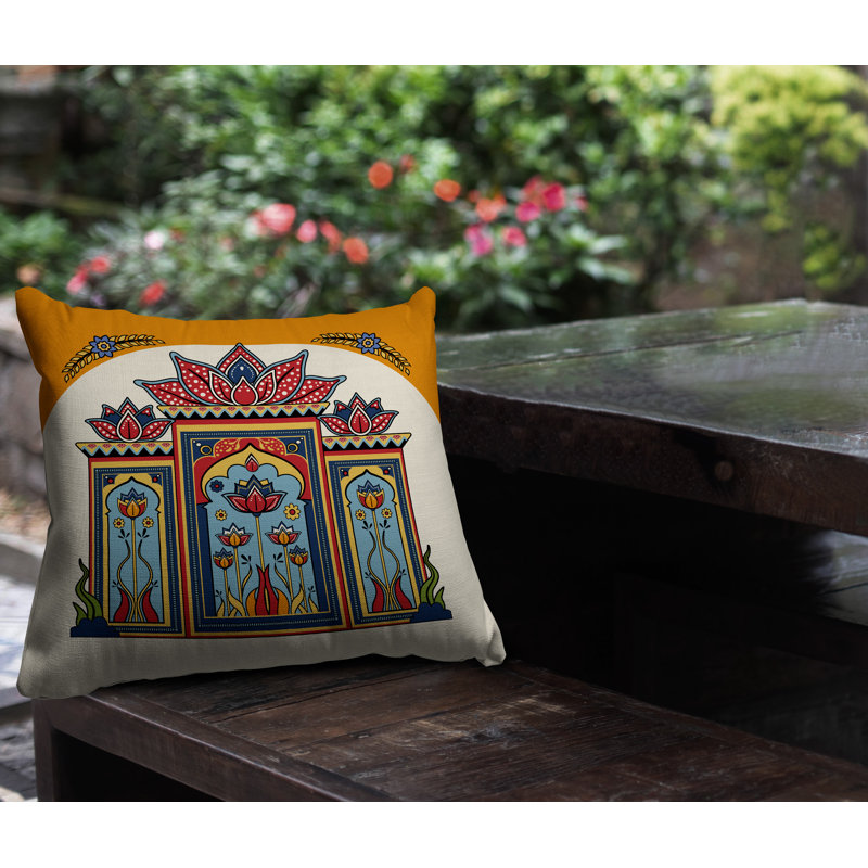 Coussin intérieur / extérieur Kimaya Lotus Arch, Orange / jaune / rouge / bleu, Carré 15 po