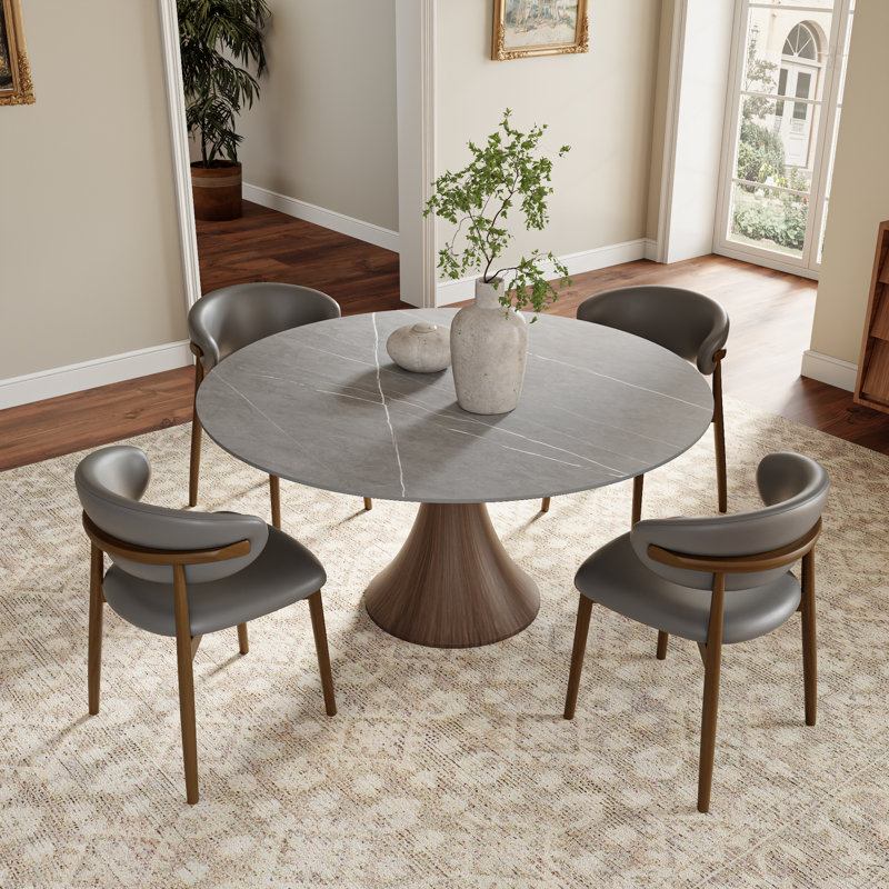 Round Pedestal Dining Table Set 4/6/8 Seats Dark Walnut & Gray Set, 29.52" H x 59" W x 59" D, 5 Pieces: Table, 4 Chairs