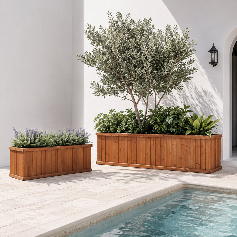 2-Piece Cedar Wood Outdoor Planter Box Set with Drainage, 48-Inch and 72-Inch Rectangular, Brown