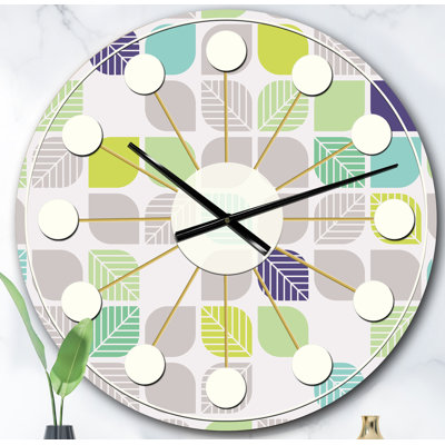 motif géométrique avec feuilles - horloge murale moderne Mid-Century