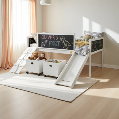 Twin size Loft Bed Wood Bed with Two Storage Boxes