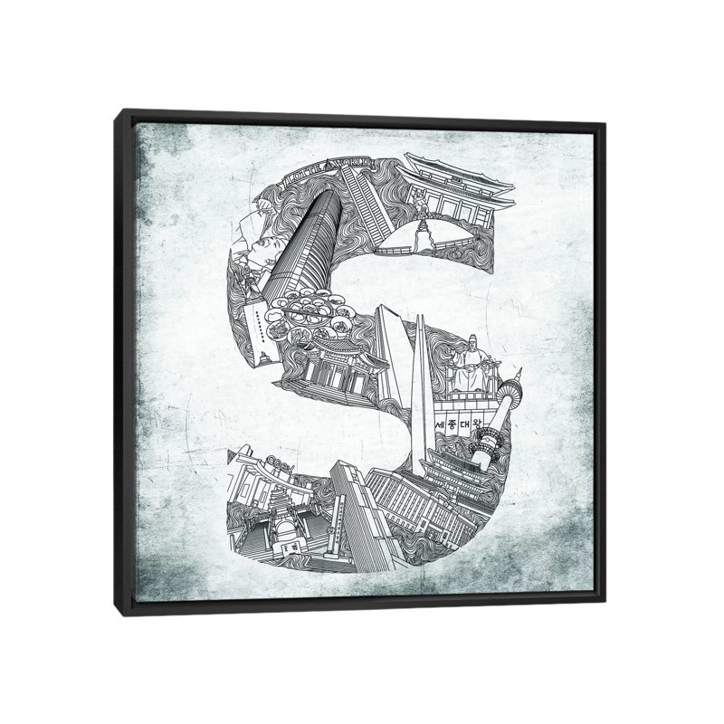 Séoul, lettres, monogrammes et noms, H 18 po x l 18 po x P 1,5 po, Toile avec cadre noir, Non mat
