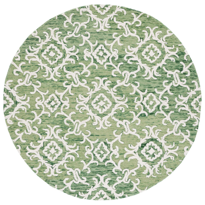 Arieah Damask Handmade Tufted Wool Green/White Area Rug, Round 6'