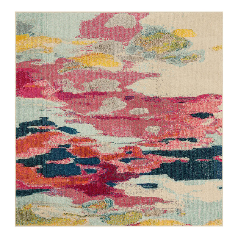Roshan Machine Made Polypropylene Pink Area Rug, Square 7'1"