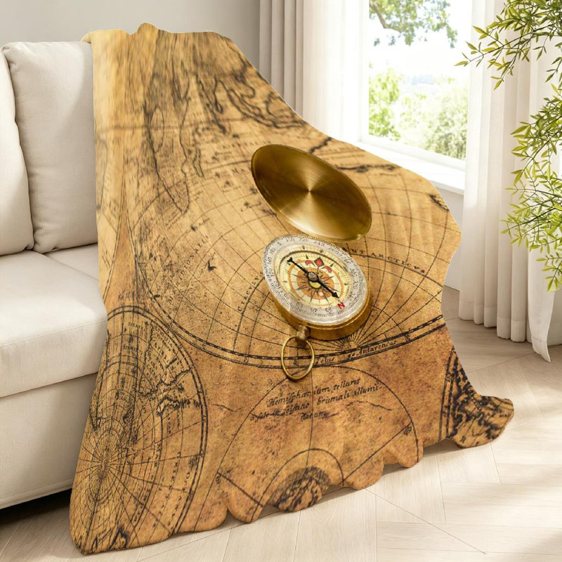 Jeté en flanelle transparente ultra douce, imprimé boussole carte rétro Old Compass, Jeté 40 po x 50 po