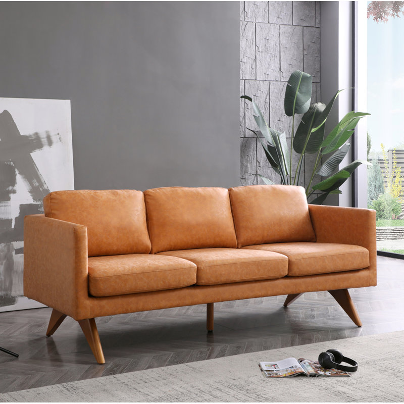 Canapé en cuir 83 po Rykia, Pieds en noyer / coussin brun clair