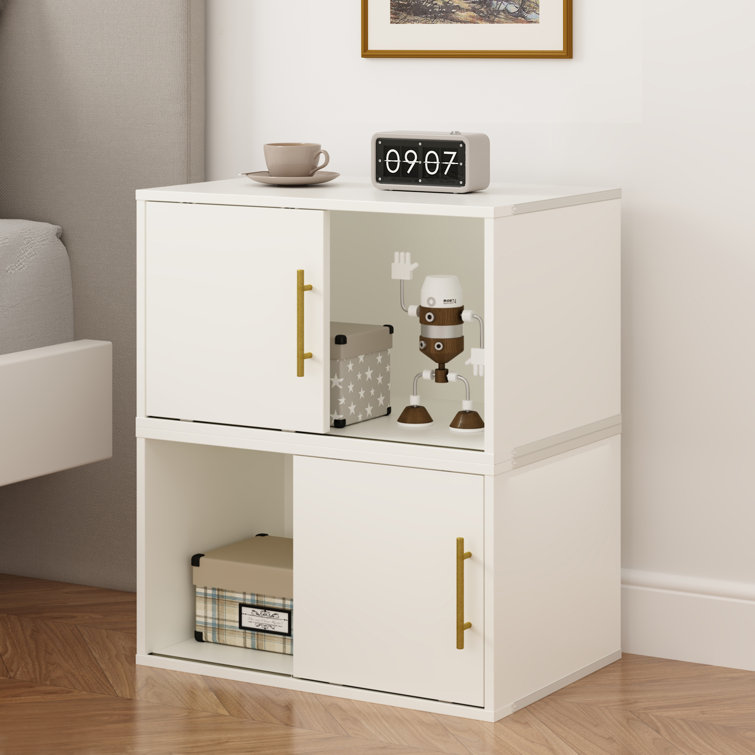 Nightstand With Sliding Door, 2 Pcs Stackable Cubby Storage Organizers