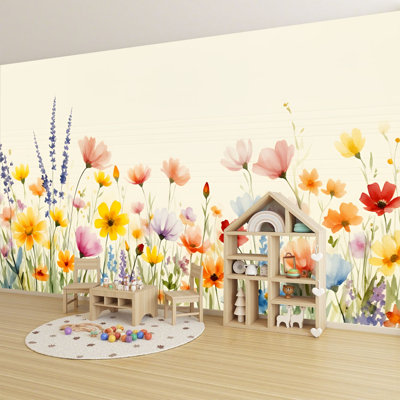 Papier peint adhésif peluches et fleurs colorées, fleurs de prairie, aquarelle, jaune, jaune, orange, mauve
