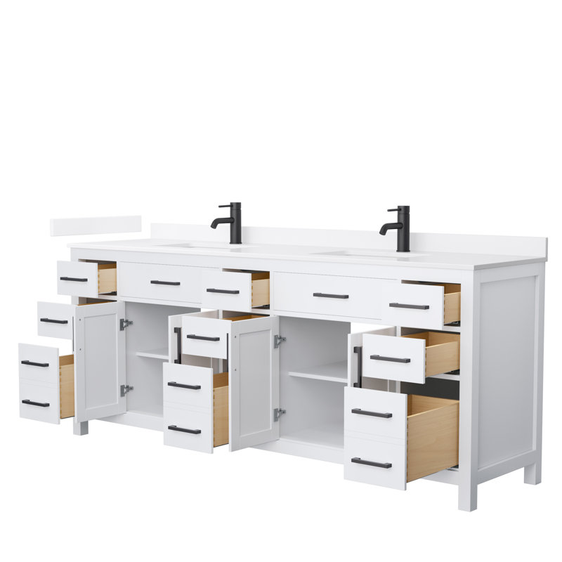 Beckett 84" Freestanding Double Bathroom Vanity with Quartz Top, White, White Quartz, Matte Black