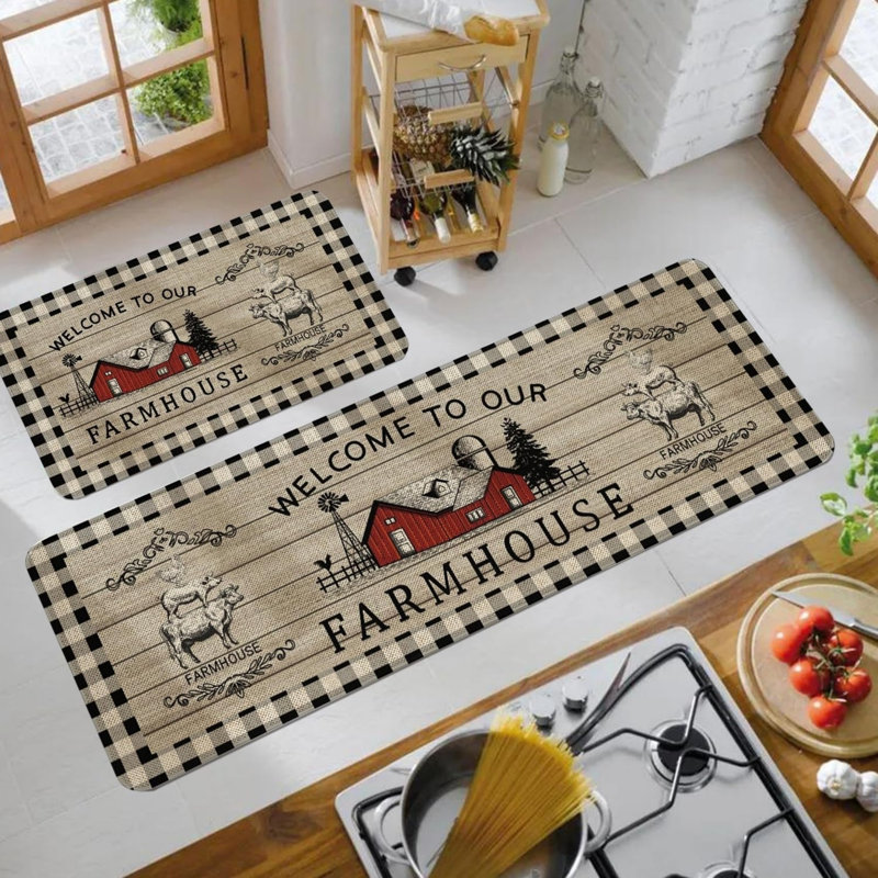 Ensemble de 2 tapis de cuisine Farmhouse Welcome Print pour cuisine et vestibule, beige et noir
