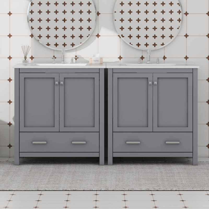 Bathroom Vanity Set With Double Vanities, Storage Shelf, And Divided Drawers, Blue