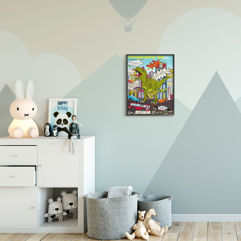 «Fun Dinosaur Facts T-Rex Destroys City Scene» par Sangita Bachelet - impression d'art graphique, H 20 po x l 16 po x 1,5 po