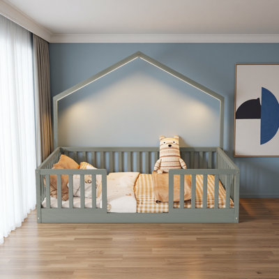 Floor Bed With High Rails, Wooden Montessori Bed With Light For Kids