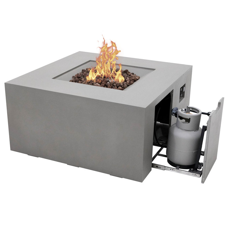 Rocky 43" Outdoor Concrete Fire Table with Built-In Propane Tank Storage 45,000 BTU - Includes Lava Rocks & PVC Cover