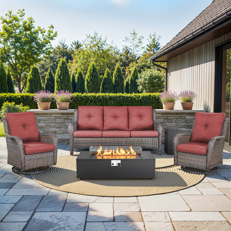 Deeomninia 4-Piece All Weather Wicker Patio Conversation Set With Swivel Gliders And Split Fire Pit Table