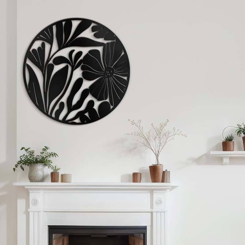 Décoration murale ronde en métal botanique, H 36 po x l 36 po x P 0,05 po, Noir