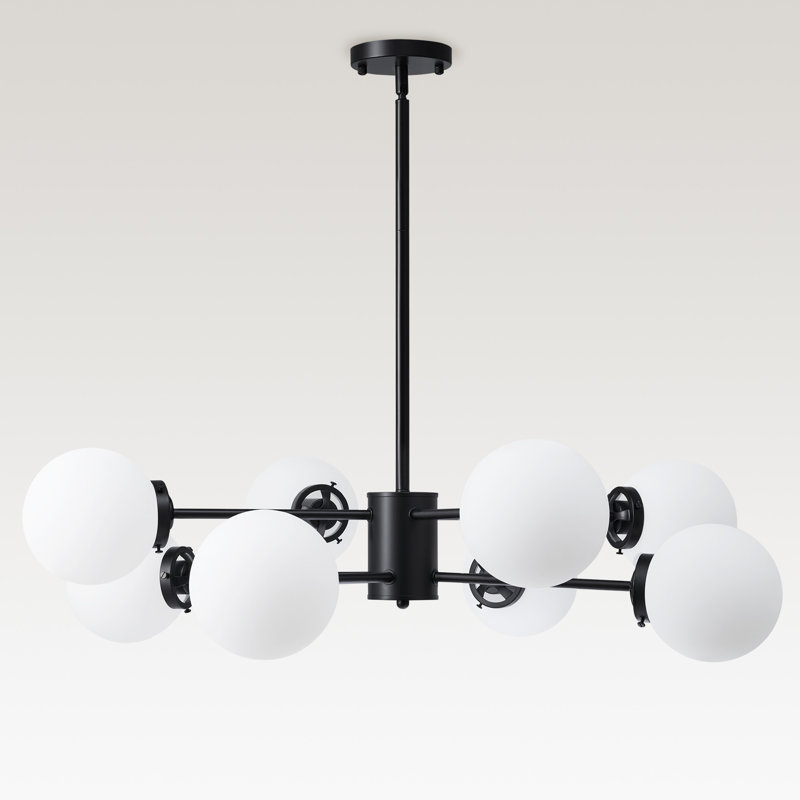 Lustre linéaire spoutnik moderne à 8 lumières Bova, H 47 po x l 32,5 po x P 32,5 po, Noir mat, Noir