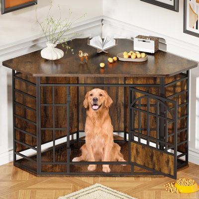 Corner Dog Crate Furniture, 52 Inch Large Dog Kennel Indoor Wooden End Table, Modern Dog Cage Decorative Pet House TV Stand for Medium Large Dogs,Brown