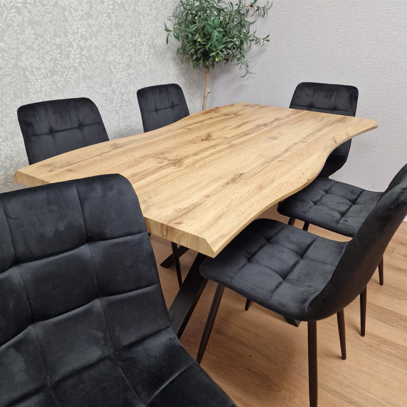 Wooden Brown Dining Table with 6 Velvet Chairs, Stylish Dining Room Furniture, 75cm H x 117cm W x 77cm D, Black